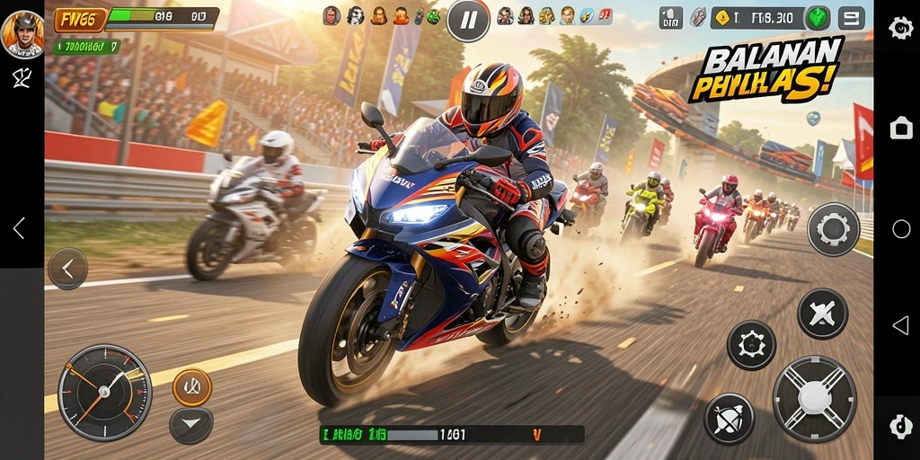 Tampilan aksi balapan motor yang intens dan seru.