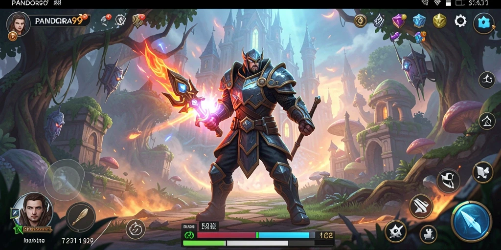 Screenshot gameplay PANDORA99 menampilkan aksi pertarungan seru di dunia fantasi.