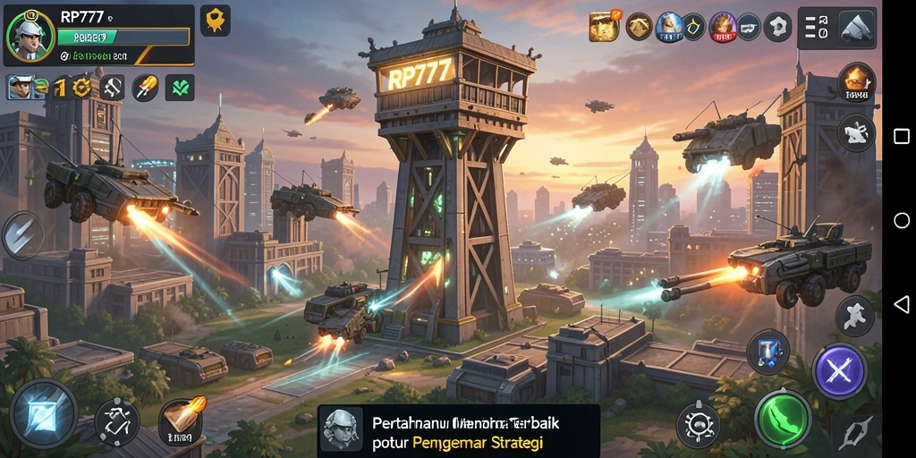 Screenshot dari gameplay RP777 yang menampilkan menara dan musuh.