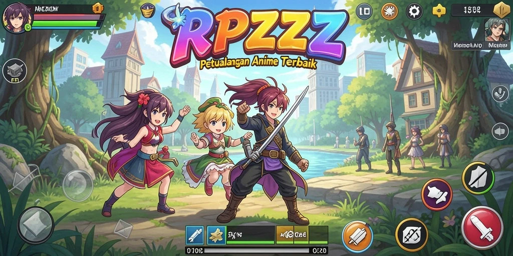 Screenshot gameplay RPG anime yang penuh warna dan aksi.