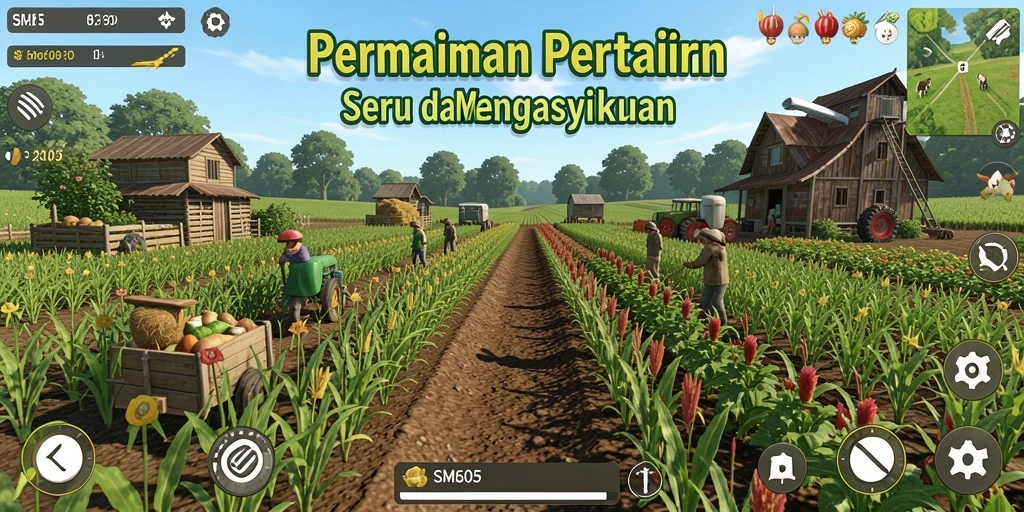 Screenshot gameplay SM605 yang menampilkan aktivitas bertani yang seru.