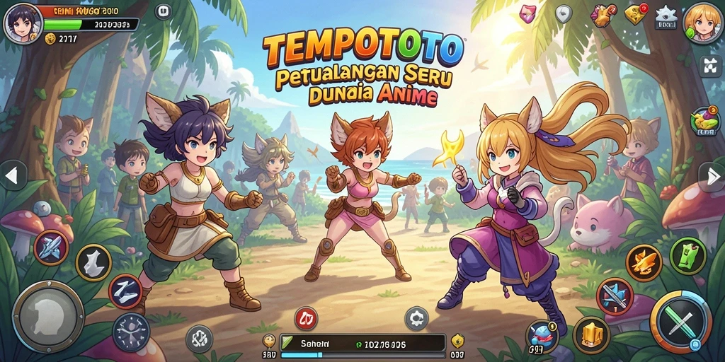 Screenshot TEMPOTOTO menampilkan karakter anime dalam pertarungan seru.